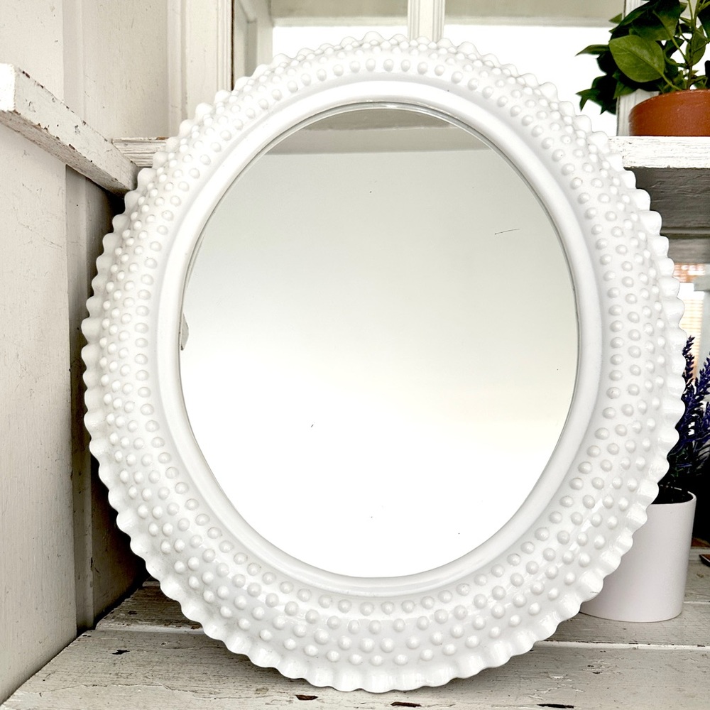 Vintage Wall Oval Mirror Milk Glass Look Hob Nails Plastic White Frame 17.5x15” - Picture 2 of 9